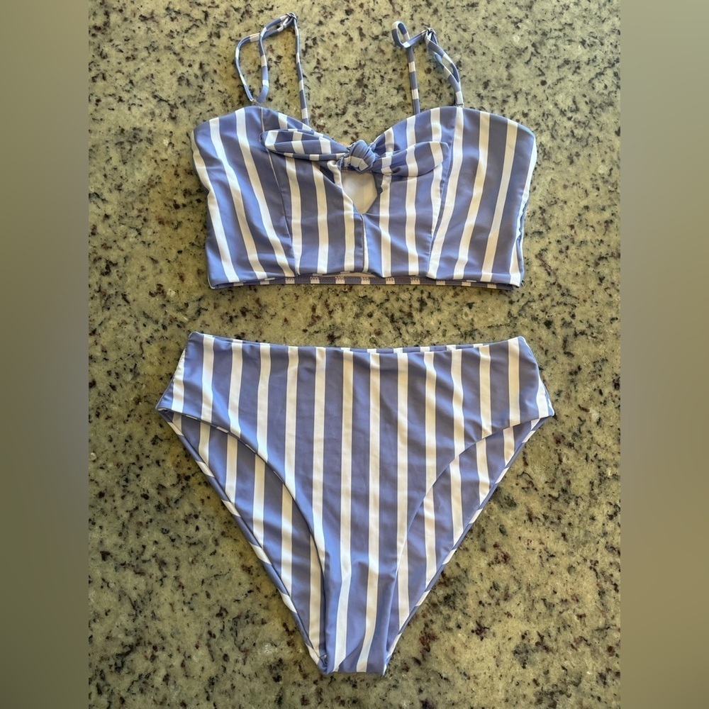 Women’s Striped high waist Bikini Set in Blue and White size 8